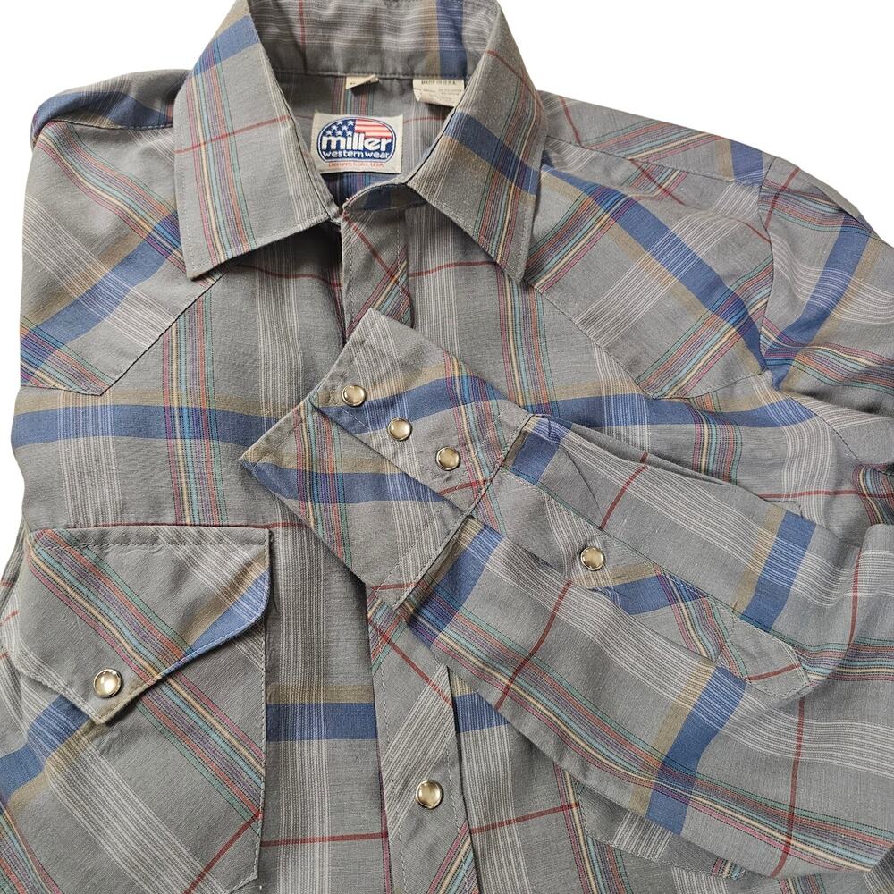 VTG Miller Western Wear Plaid Long Sleeve Pearl Snap Shirt Made in USA 14.5/33
